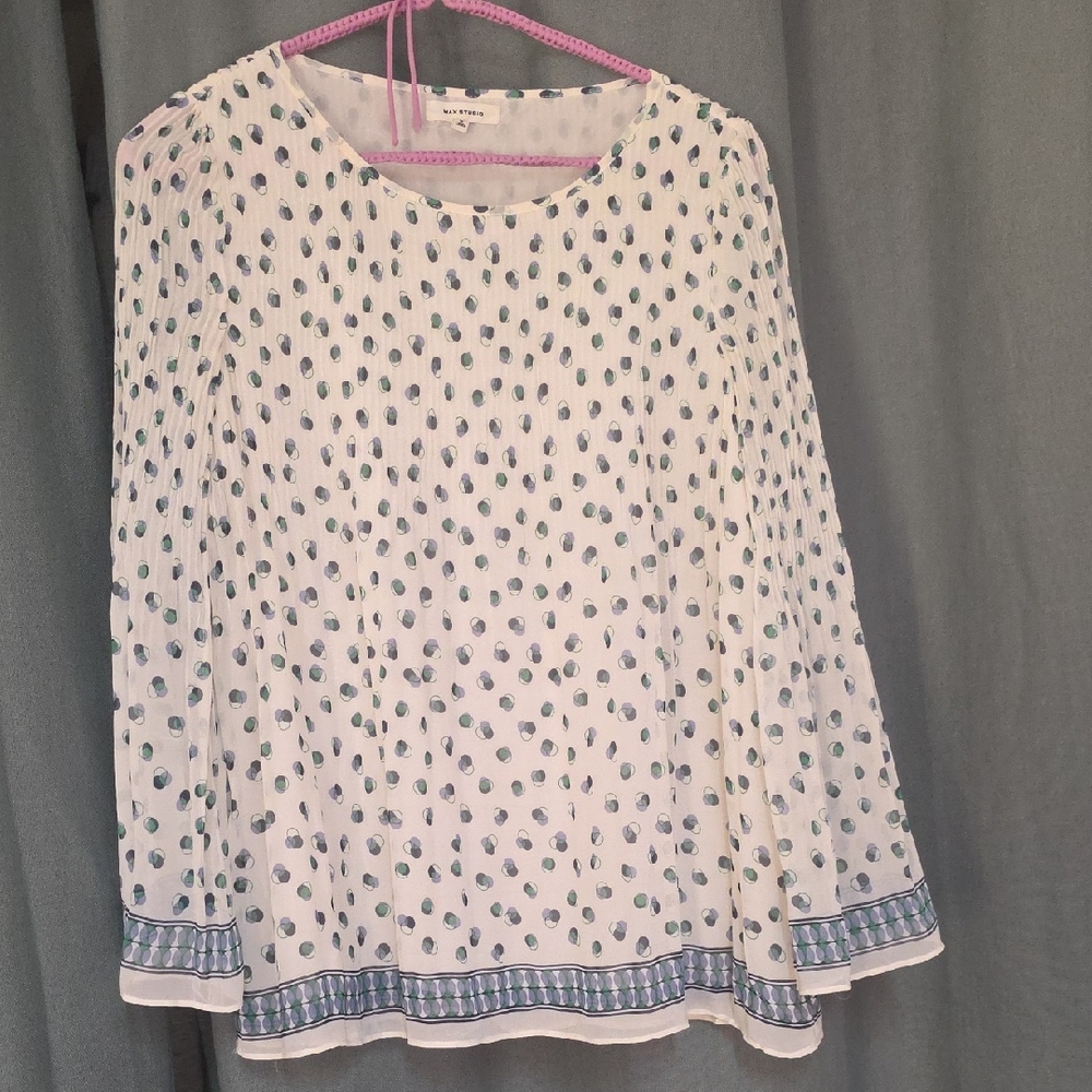 Max Studio White Long-Sleeve Printed Blouse with Teal and Blue Dots